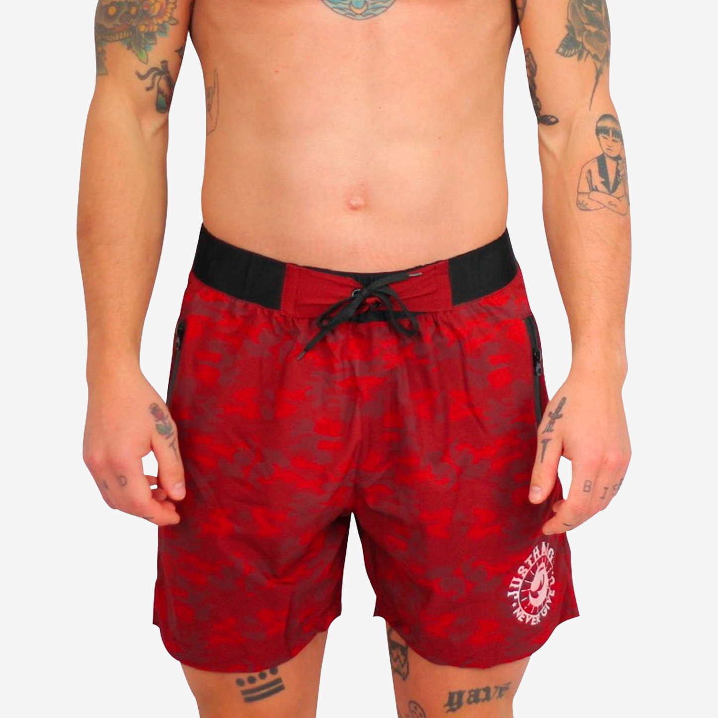 JUSTHANG NEVER GIVE UP CAMO MEN'S SHORTS 
