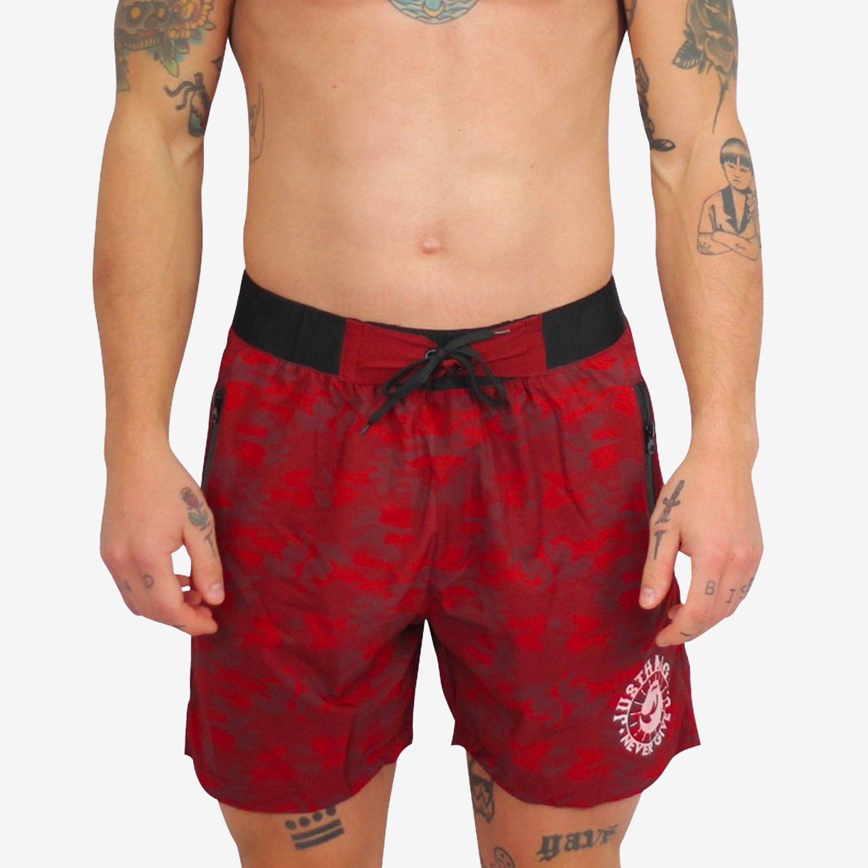 JUSTHANG NEVER GIVE UP CAMO MEN'S SHORTS 